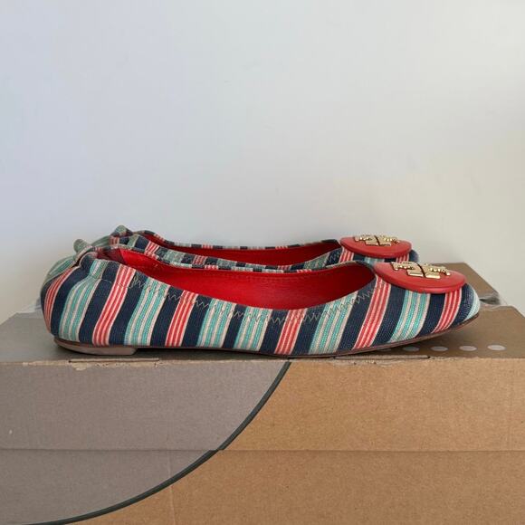 TORY BURCH Reva Printed Canvas Bauer Striped Ballet Flats-Women 7.5 - Picture 2 of 11